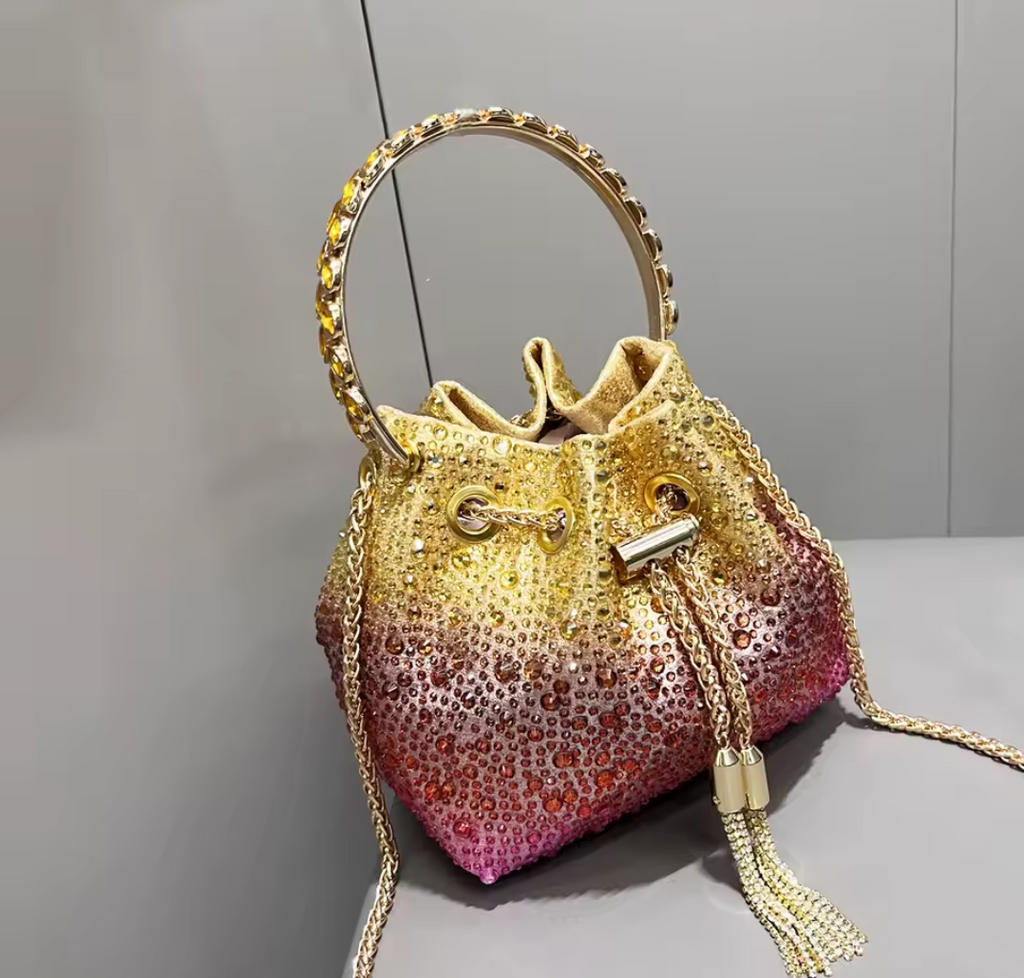 Pochette Soirée Strass Cristal Femme – Sac Seau Luxe Chaîne Dorée