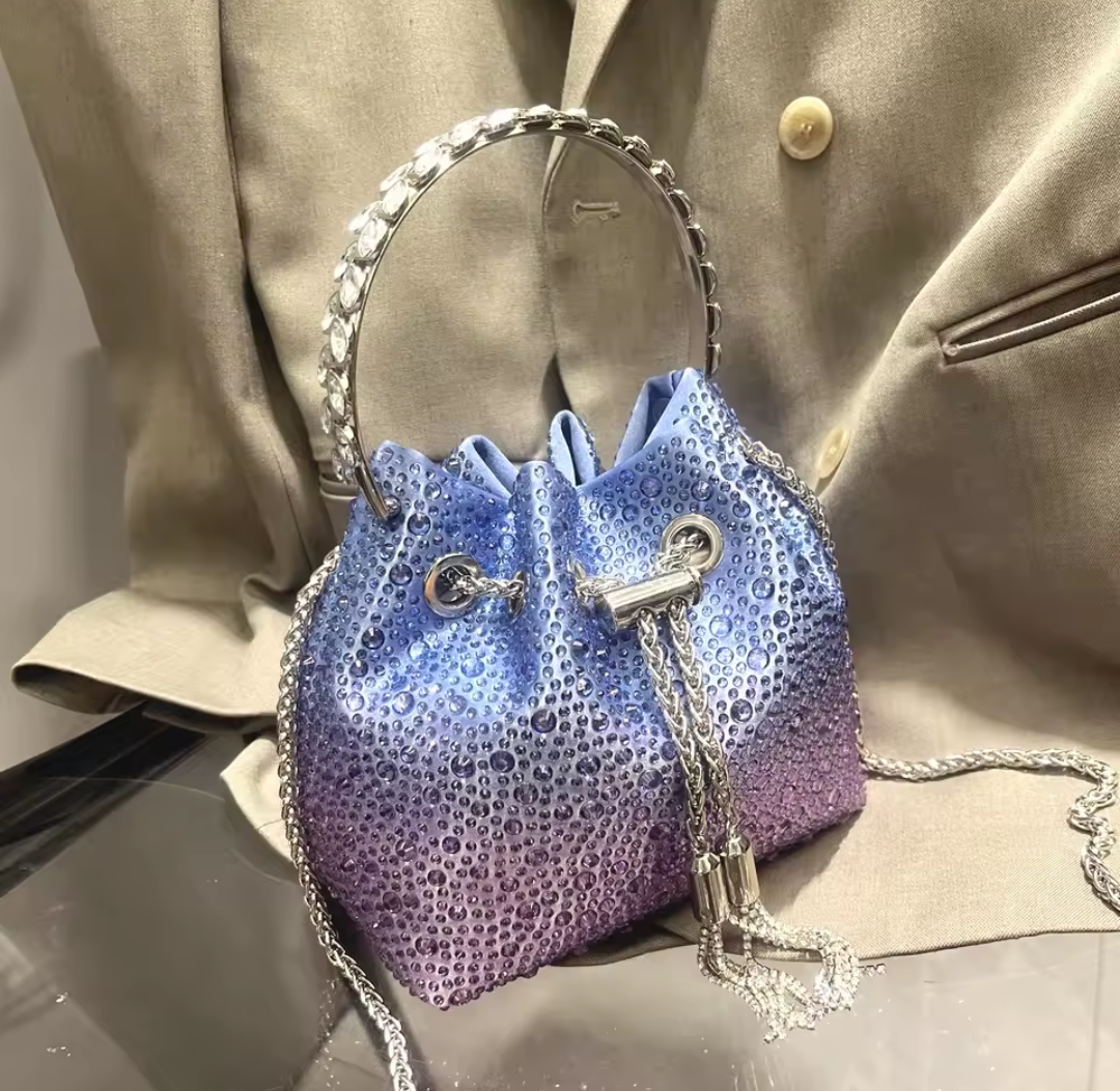 Pochette Soirée Strass Cristal Femme – Sac Seau Luxe Chaîne Dorée