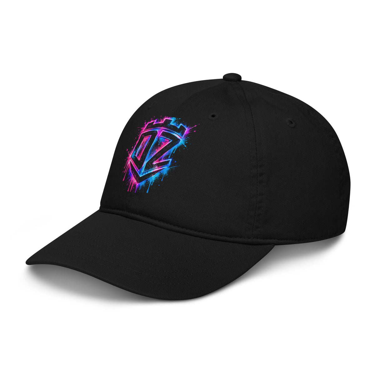 Casquette noire en coton biologique DZ Collection, détail de la broderie
