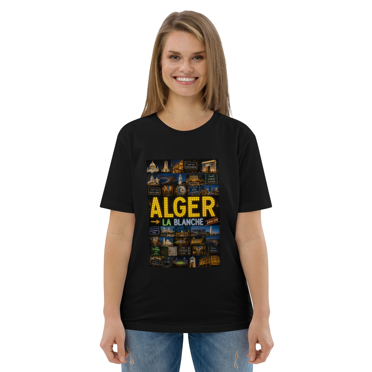 Détail du design monuments d'Alger sur le t-shirt