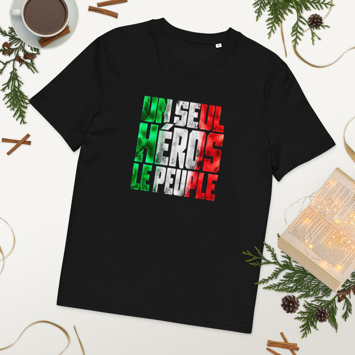 T-shirt noir « Un seul héros, le peuple » streetwear algérien – vue de face